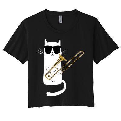 Funny Cat Wearing Sunglasses Playing Trombone Crop Top