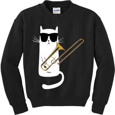 Funny Cat Wearing Sunglasses Playing Trombone Kids Sweatshirt