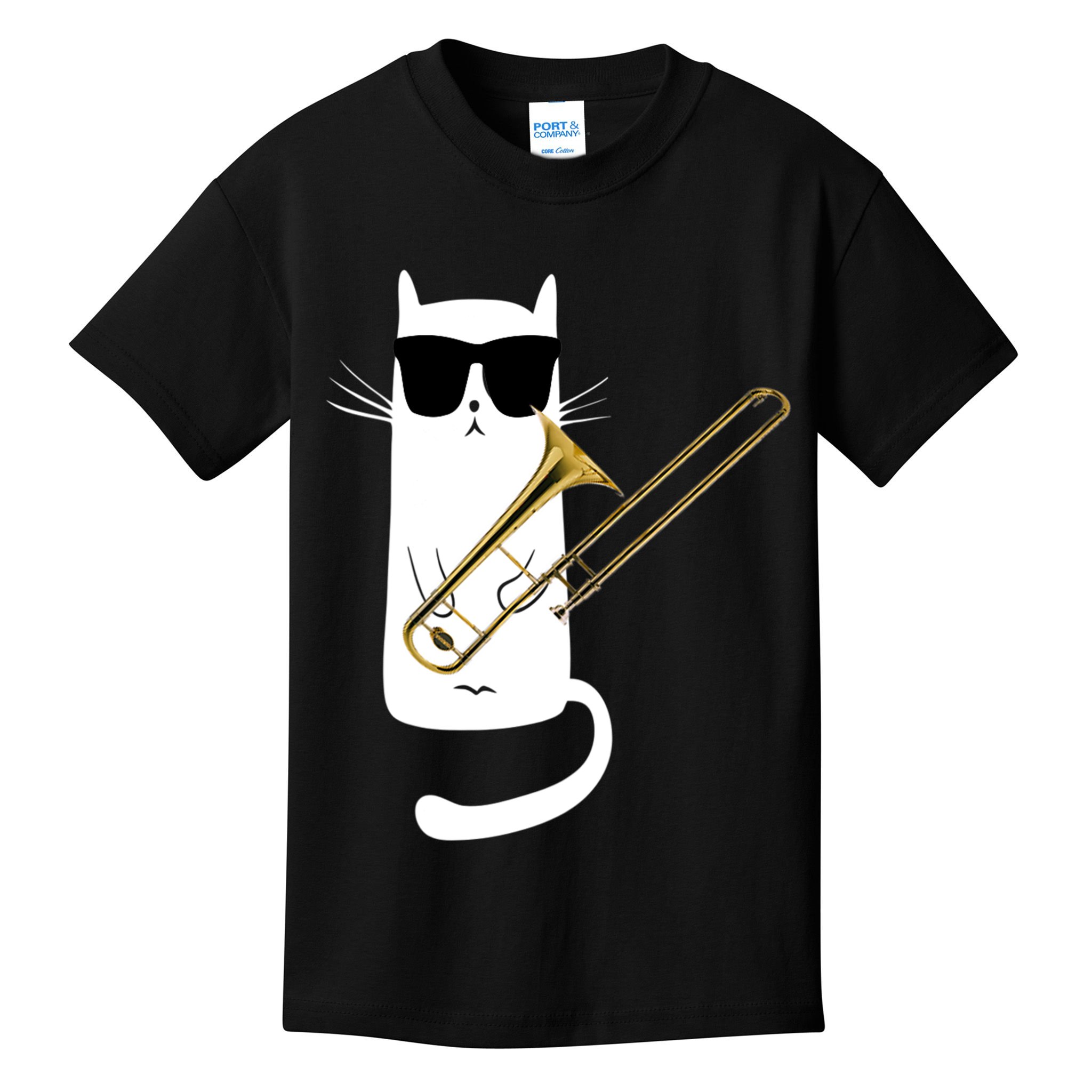 Funny Cat Wearing Sunglasses Playing Trombone Kids T-Shirt