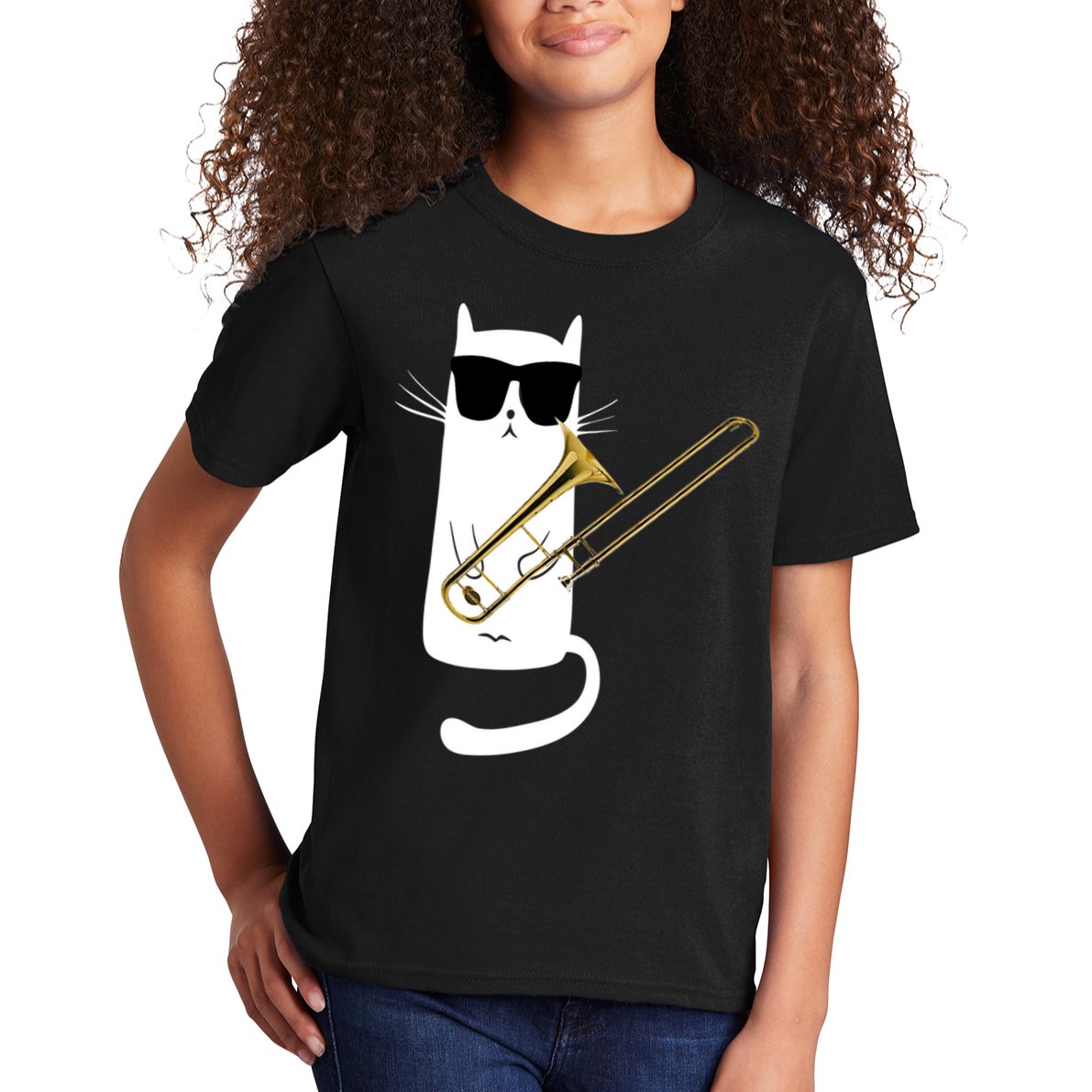 Funny Cat Wearing Sunglasses Playing Trombone Kids T-Shirt