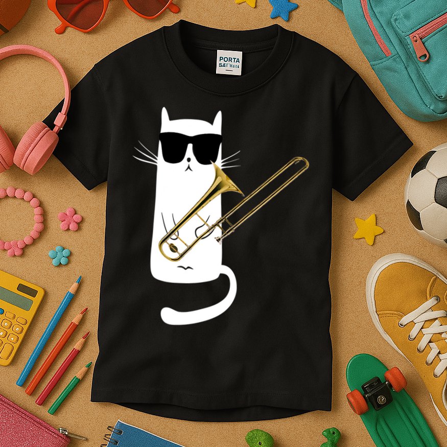 Funny Cat Wearing Sunglasses Playing Trombone Kids T-Shirt