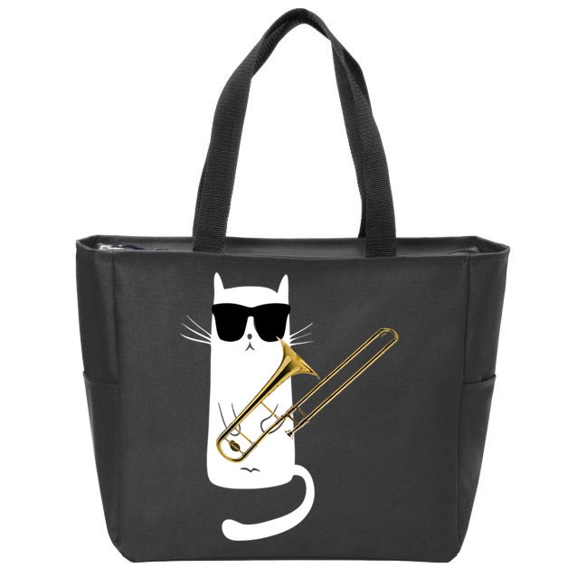 Funny Cat Wearing Sunglasses Playing Trombone Zip Tote Bag