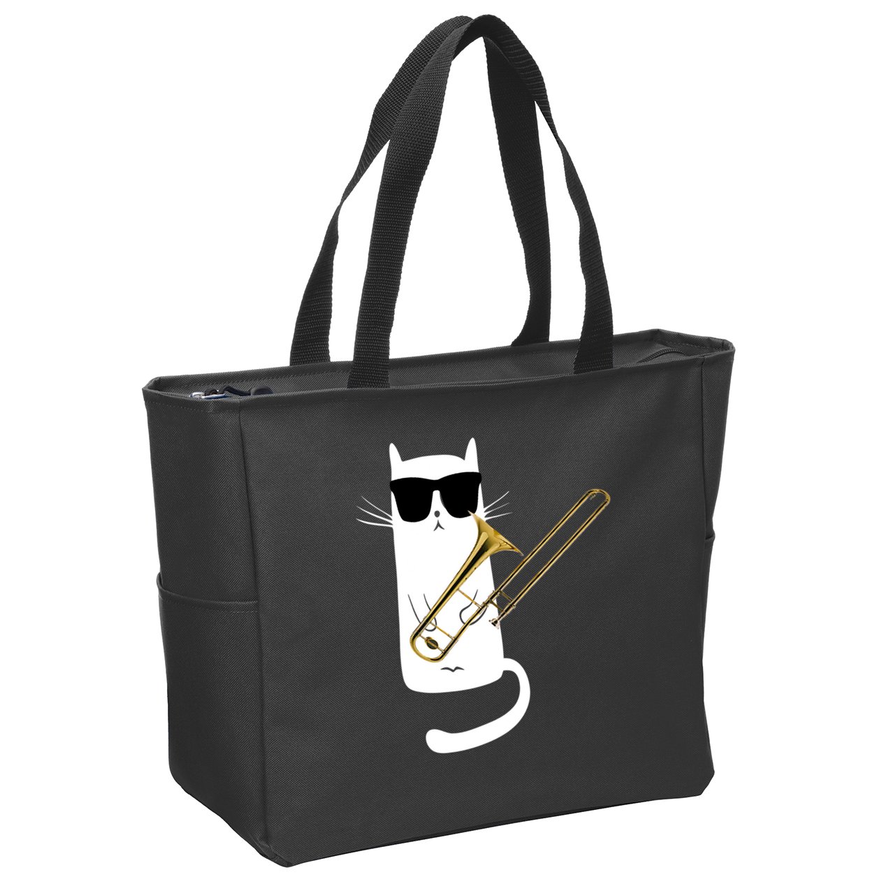 Funny Cat Wearing Sunglasses Playing Trombone Zip Tote Bag