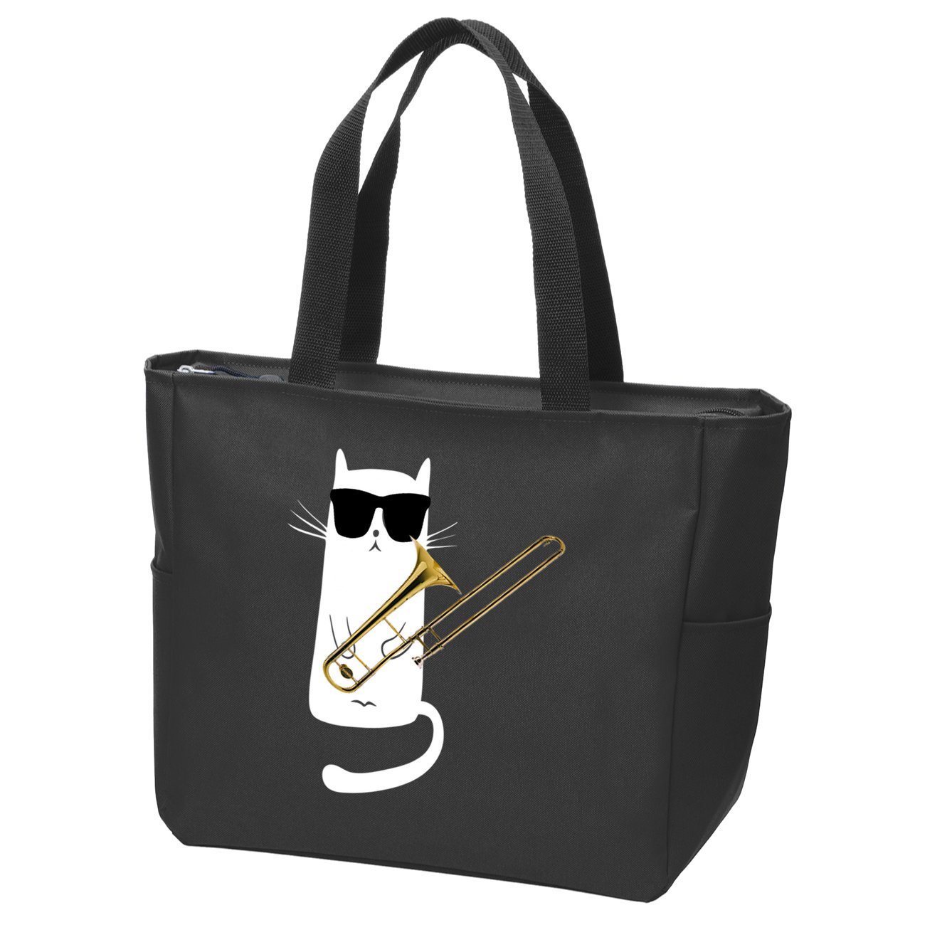 Funny Cat Wearing Sunglasses Playing Trombone Zip Tote Bag