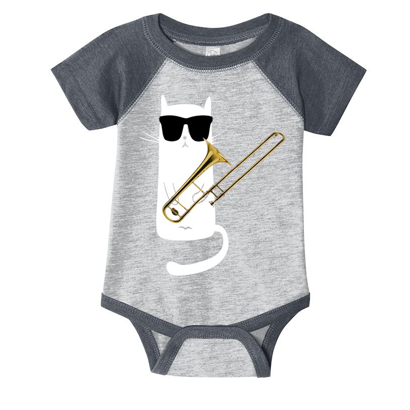 Funny Cat Wearing Sunglasses Playing Trombone Infant Baby Jersey Bodysuit