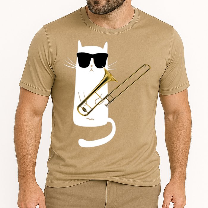 Funny Cat Wearing Sunglasses Playing Trombone Cooling Performance Crew T-Shirt