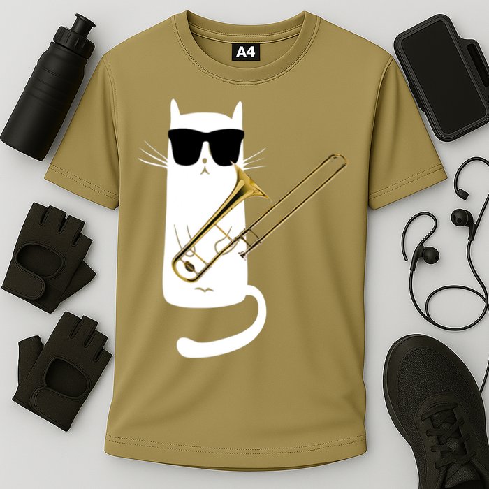 Funny Cat Wearing Sunglasses Playing Trombone Cooling Performance Crew T-Shirt