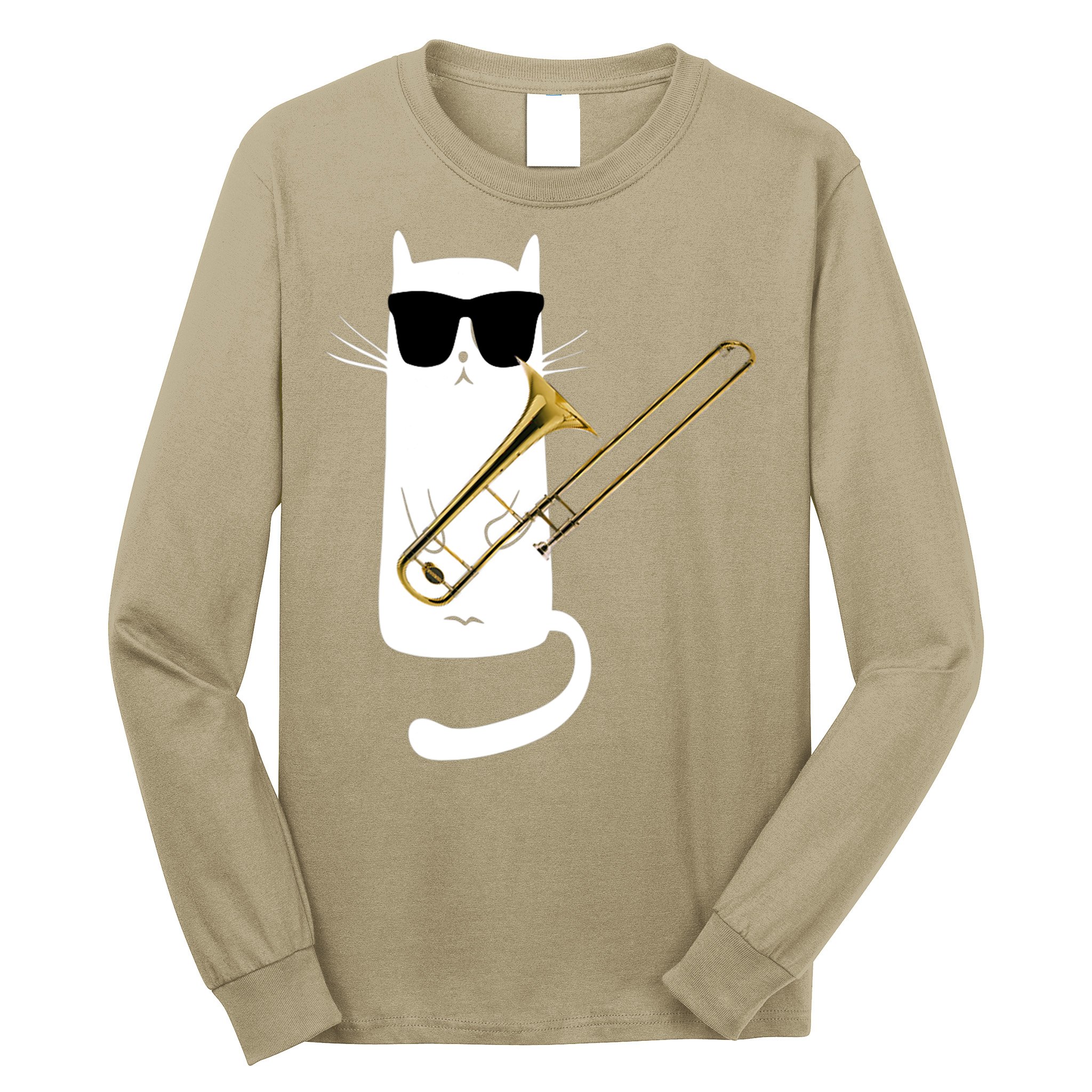 Funny Cat Wearing Sunglasses Playing Trombone Long Sleeve Shirt