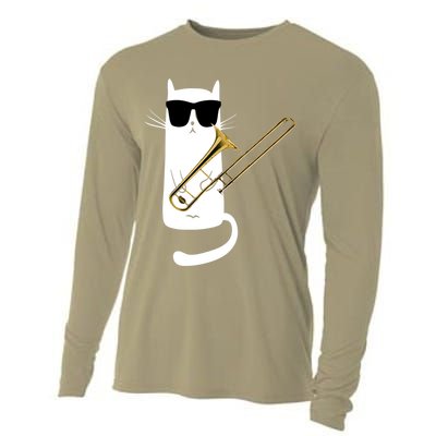 Funny Cat Wearing Sunglasses Playing Trombone Cooling Performance Long Sleeve Crew