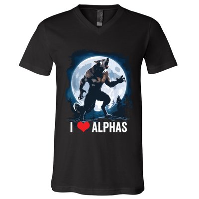 Funny Cringe Werewolf Wolf Meme I Heart Alphas I Love Alphas V-Neck T-Shirt