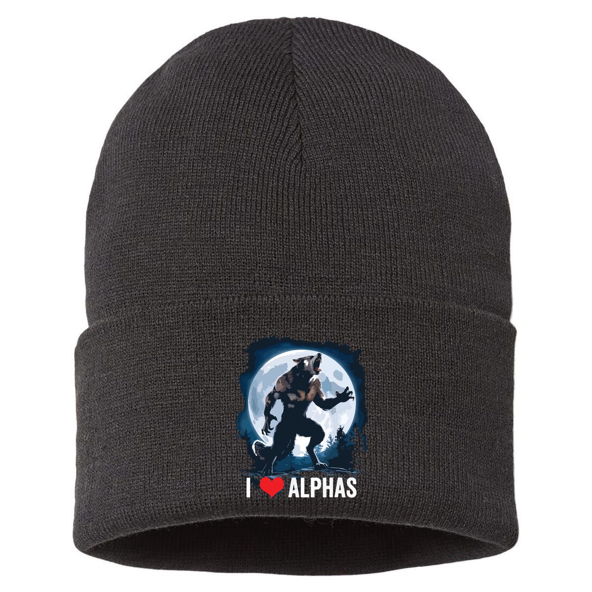 Funny Cringe Werewolf Wolf Meme I Heart Alphas I Love Alphas Sustainable Knit Beanie
