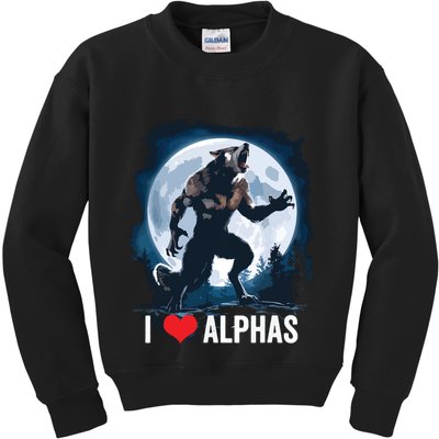 Funny Cringe Werewolf Wolf Meme I Heart Alphas I Love Alphas Kids Sweatshirt