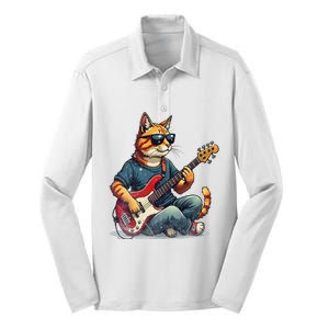 Funny Cat Wearing Sunglasses Playing Bass Guitar Cat Owner Silk Touch Performance Long Sleeve Polo