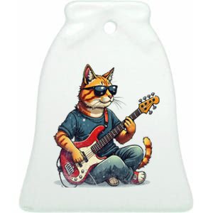 Funny Cat Wearing Sunglasses Playing Bass Guitar Cat Owner Ceramic Bell Ornament