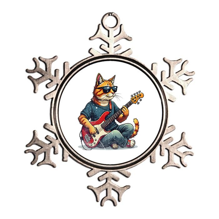 Funny Cat Wearing Sunglasses Playing Bass Guitar Cat Owner Metallic Star Ornament