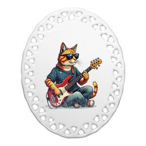 Funny Cat Wearing Sunglasses Playing Bass Guitar Cat Owner Ceramic Oval Ornament