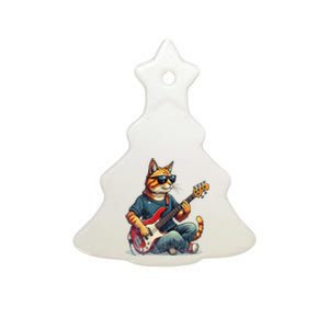 Funny Cat Wearing Sunglasses Playing Bass Guitar Cat Owner Ceramic Tree Ornament