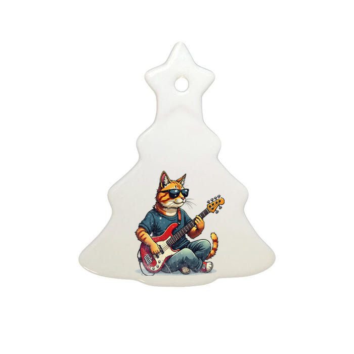 Funny Cat Wearing Sunglasses Playing Bass Guitar Cat Owner Ceramic Tree Ornament