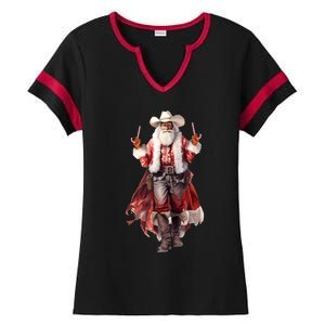 Funny Christmas Western Cowboy Santa Claus And Candy Cane Ladies Halftime Notch Neck Tee