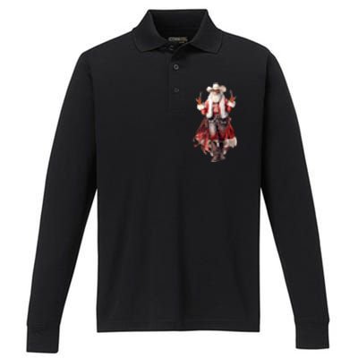 Funny Christmas Western Cowboy Santa Claus And Candy Cane Performance Long Sleeve Polo