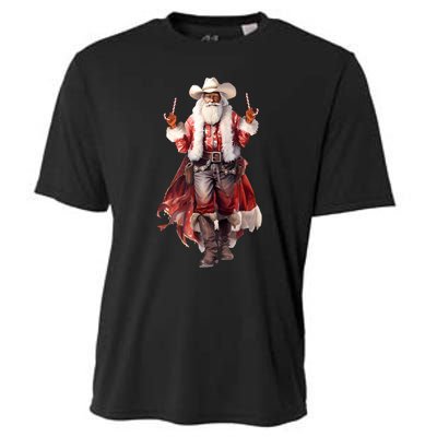 Funny Christmas Western Cowboy Santa Claus And Candy Cane Cooling Performance Crew T-Shirt