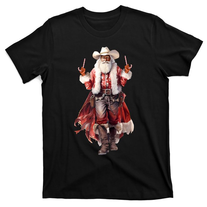 Funny Christmas Western Cowboy Santa Claus And Candy Cane T-Shirt