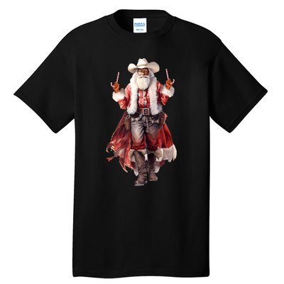 Funny Christmas Western Cowboy Santa Claus And Candy Cane Tall T-Shirt