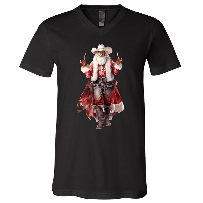 Funny Christmas Western Cowboy Santa Claus And Candy Cane V-Neck T-Shirt