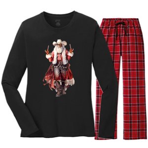 Funny Christmas Western Cowboy Santa Claus And Candy Cane Women's Long Sleeve Flannel Pajama Set 