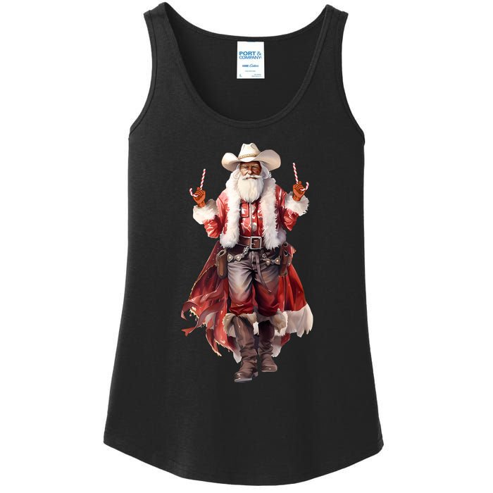 Funny Christmas Western Cowboy Santa Claus And Candy Cane Ladies Essential Tank