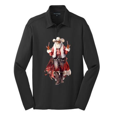 Funny Christmas Western Cowboy Santa Claus And Candy Cane Silk Touch Performance Long Sleeve Polo