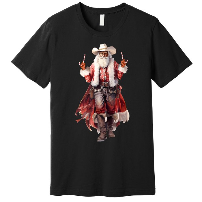 Funny Christmas Western Cowboy Santa Claus And Candy Cane Premium T-Shirt