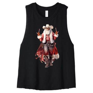 Funny Christmas Western Cowboy Santa Claus And Candy Cane Women's Racerback Cropped Tank