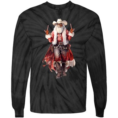 Funny Christmas Western Cowboy Santa Claus And Candy Cane Tie-Dye Long Sleeve Shirt