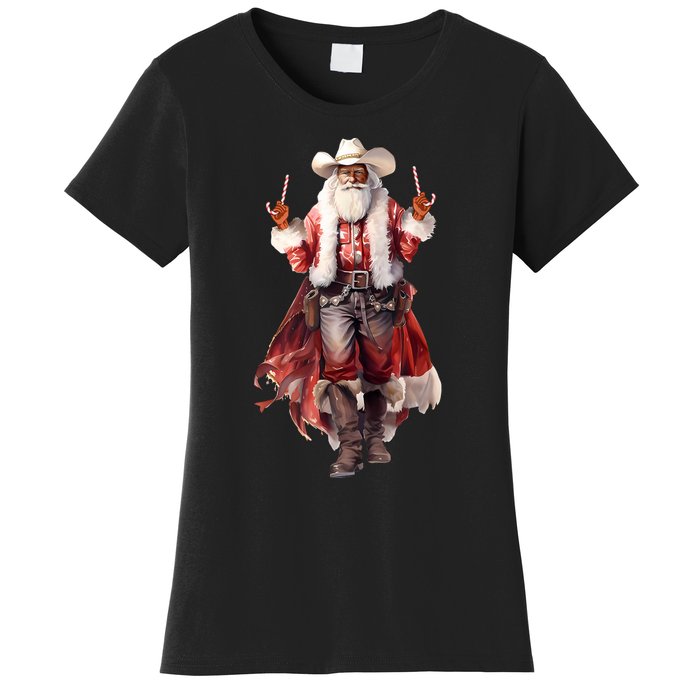 Funny Christmas Western Cowboy Santa Claus And Candy Cane Women's T-Shirt