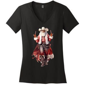 Funny Christmas Western Cowboy Santa Claus And Candy Cane Women's V-Neck T-Shirt