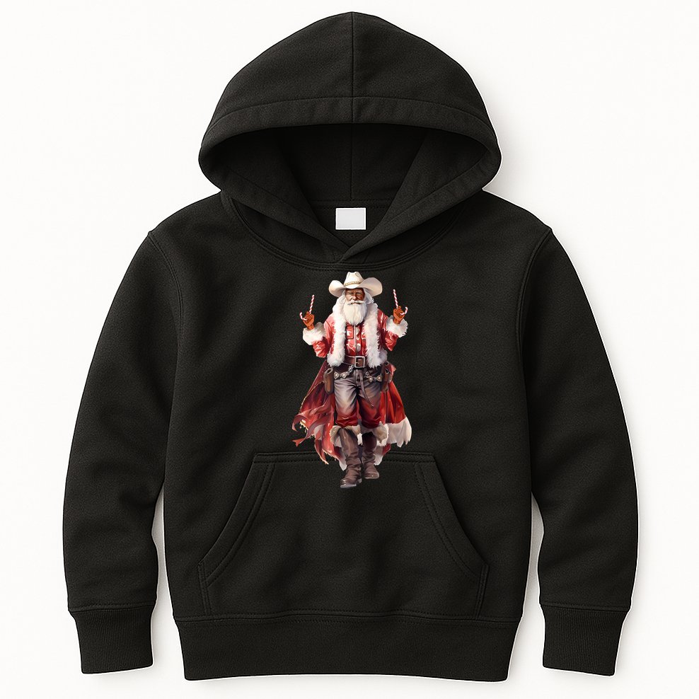 Funny Christmas Western Cowboy Santa Claus And Candy Cane Kids Hoodie