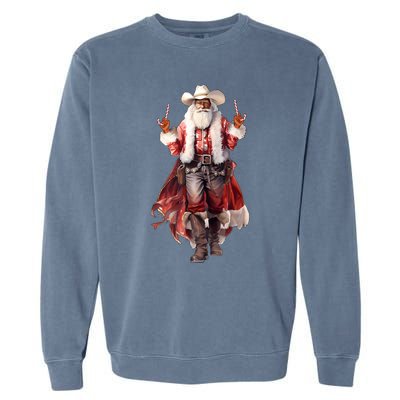 Funny Christmas Western Cowboy Santa Claus And Candy Cane Garment-Dyed Sweatshirt