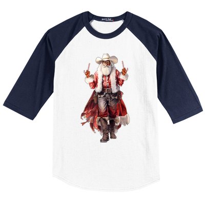 Funny Christmas Western Cowboy Santa Claus And Candy Cane Baseball Sleeve Shirt