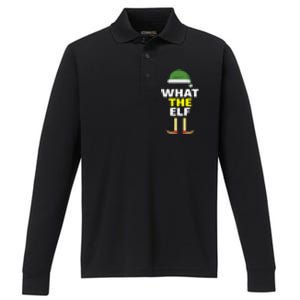 Funny Christmas What The Elf Distressed Gift Performance Long Sleeve Polo