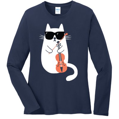 Funny Cat Wearing Sunglasses Playing Violin Viola Musician Ladies Long Sleeve Shirt