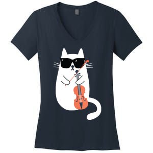 Funny Cat Wearing Sunglasses Playing Violin Viola Musician Women's V-Neck T-Shirt