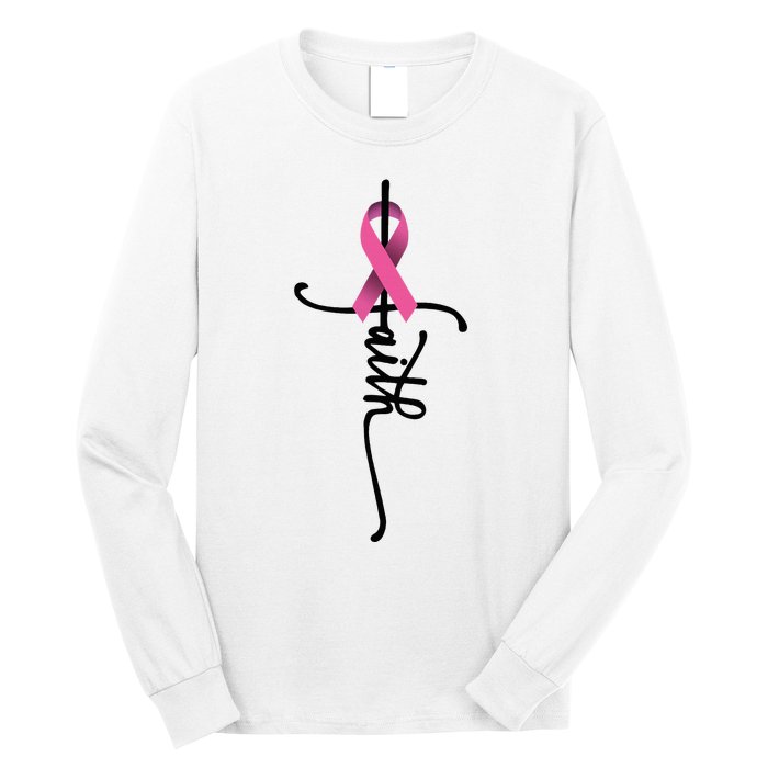 Faith Cross Warrior Survivor Ribbon Breast Cancer Long Sleeve Shirt