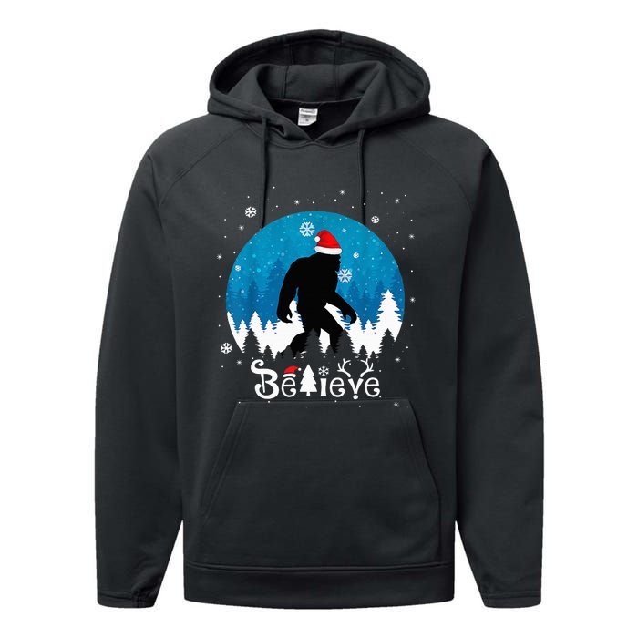 Funny Christmas Xmas Bigfoot Believe Sasquatch In Moon Light Performance Fleece Hoodie