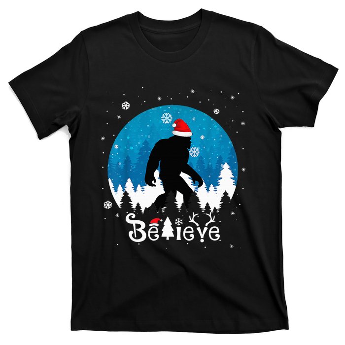 Funny Christmas Xmas Bigfoot Believe Sasquatch In Moon Light T-Shirt