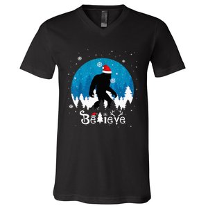 Funny Christmas Xmas Bigfoot Believe Sasquatch In Moon Light V-Neck T-Shirt