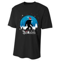 Funny Christmas Xmas Bigfoot Believe Sasquatch In Moon Light Performance Sprint T-Shirt