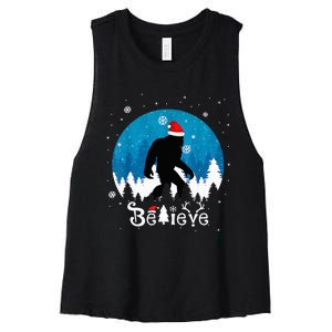 Funny Christmas Xmas Bigfoot Believe Sasquatch In Moon Light Women's Racerback Cropped Tank