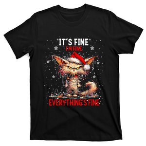 Funny Cat Xmas Lights ItS Fine IM Fine Everything Is Fine T-Shirt