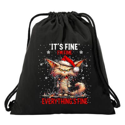 Funny Cat Xmas Lights ItS Fine IM Fine Everything Is Fine Drawstring Bag